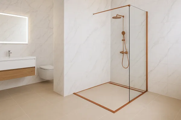 Dus walk-in cu profil frontal cupru periat – design elegant si cald