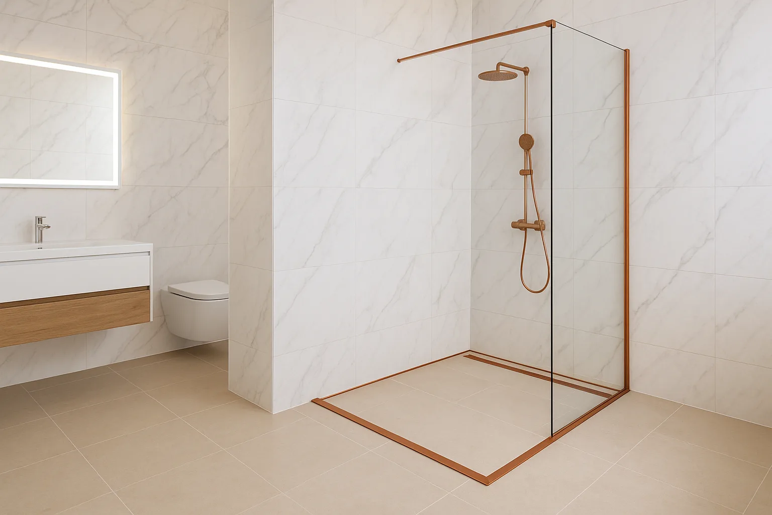 Dus walk-in cu profil frontal cupru periat – design elegant si cald