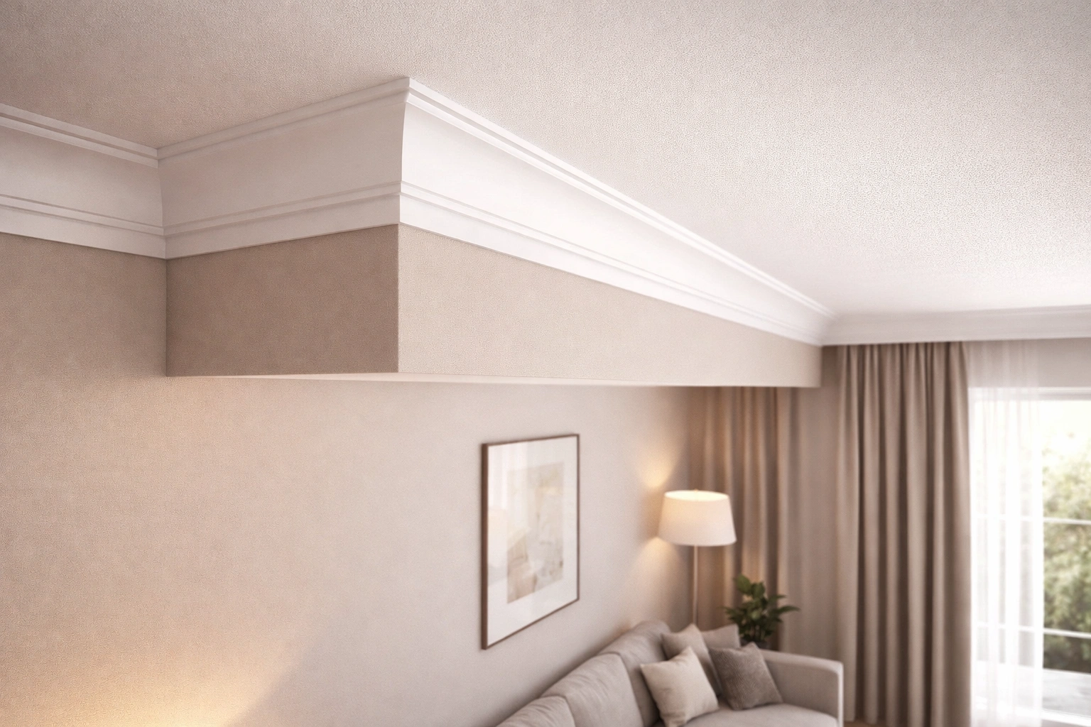 Cornise polimer decorative montate la tavan intr-un living modern