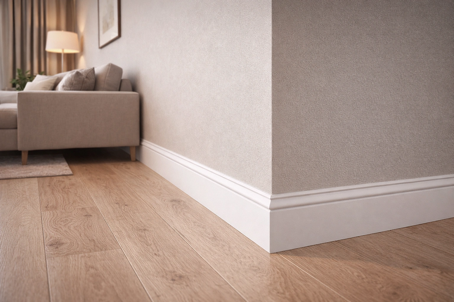 Plinta polimer montata pe perete si pardoseala intr-un interior modern