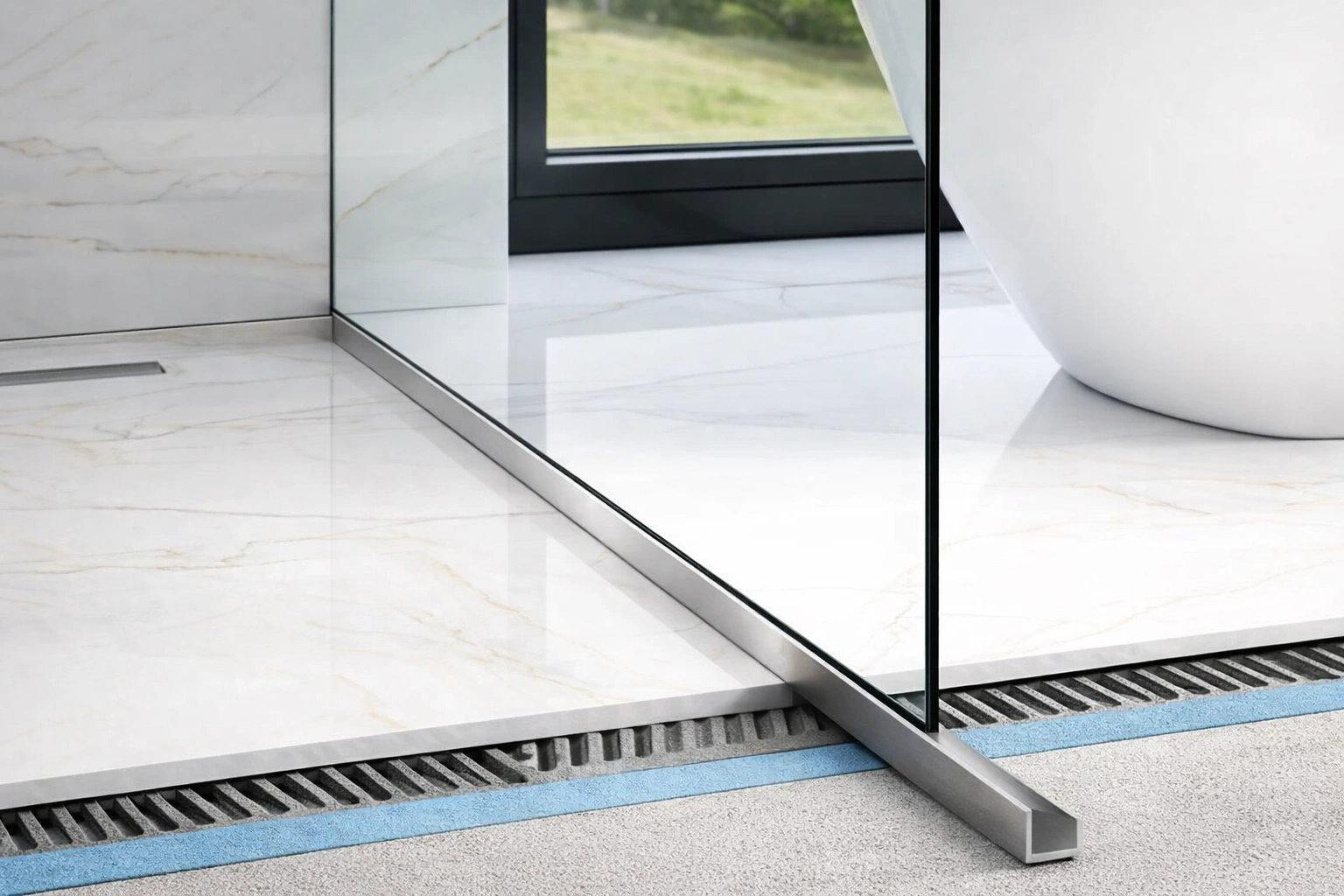 Profil inox pentru dus walk-in montat intr-o baie moderna