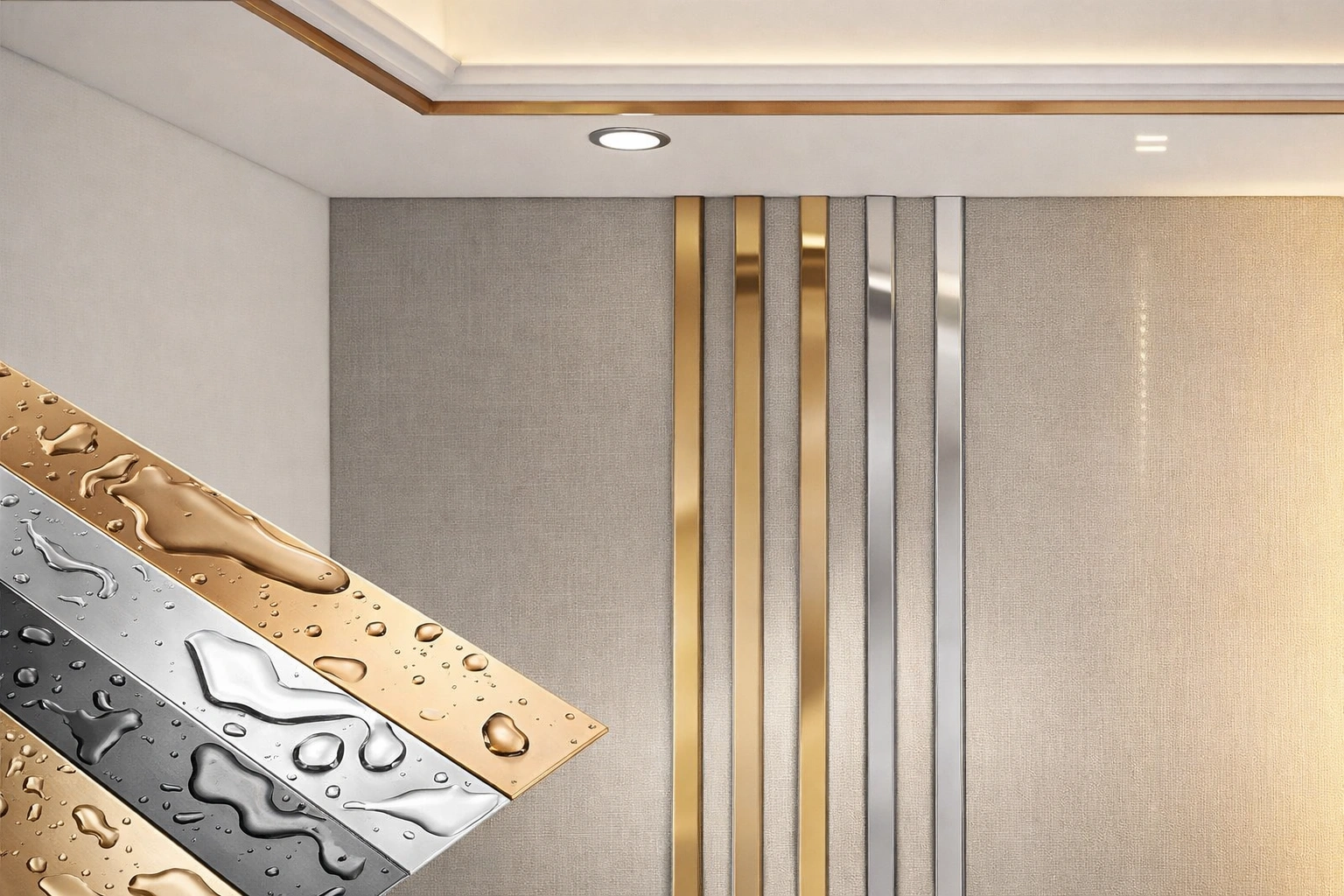 Profile inox decorative montate vertical pe perete intr-un interior modern